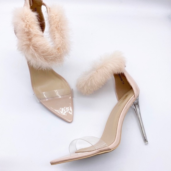 NEW-Miss Lola Nude w Clear Strap Ankle Fur Heels 7.5 - Picture 4 of 9